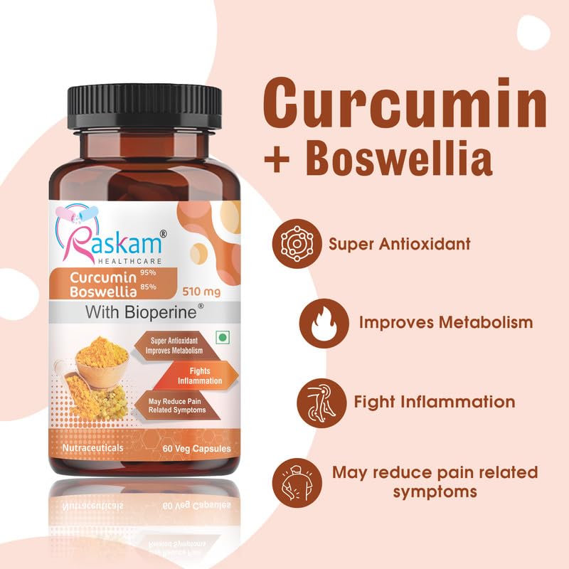 Curcumin 95%, Boswellia 85%, 510mg Capsules with Bioperine | 60 Veg Capsules | Super Antioxidant, Improves Metabolism, Fights Inflammation | 60 veg capsules