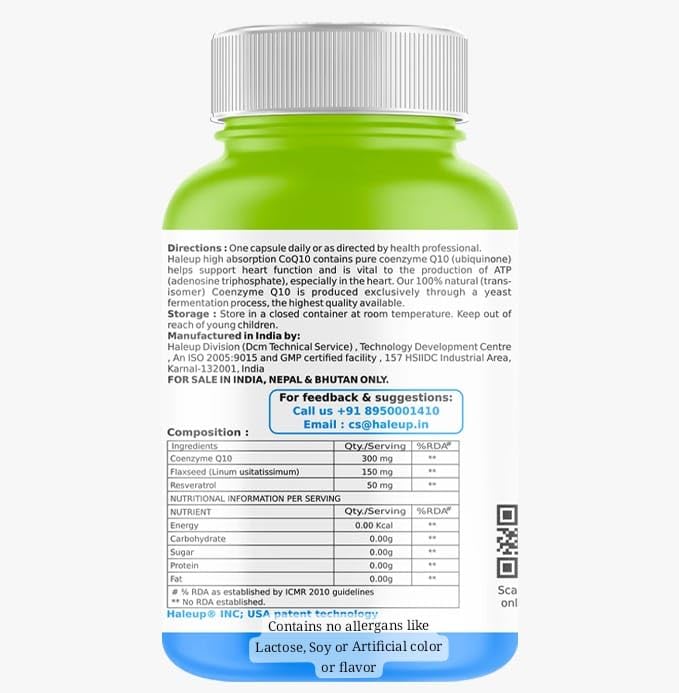 Haleup Coenzyme Q-10 300 mg,Enriched with Resveratrol & Omega-3 EPA/DHA || 60 capsules Healthy Heart|| Brain|| Immunity | (Pack of 1 |(60 Capsules)|)