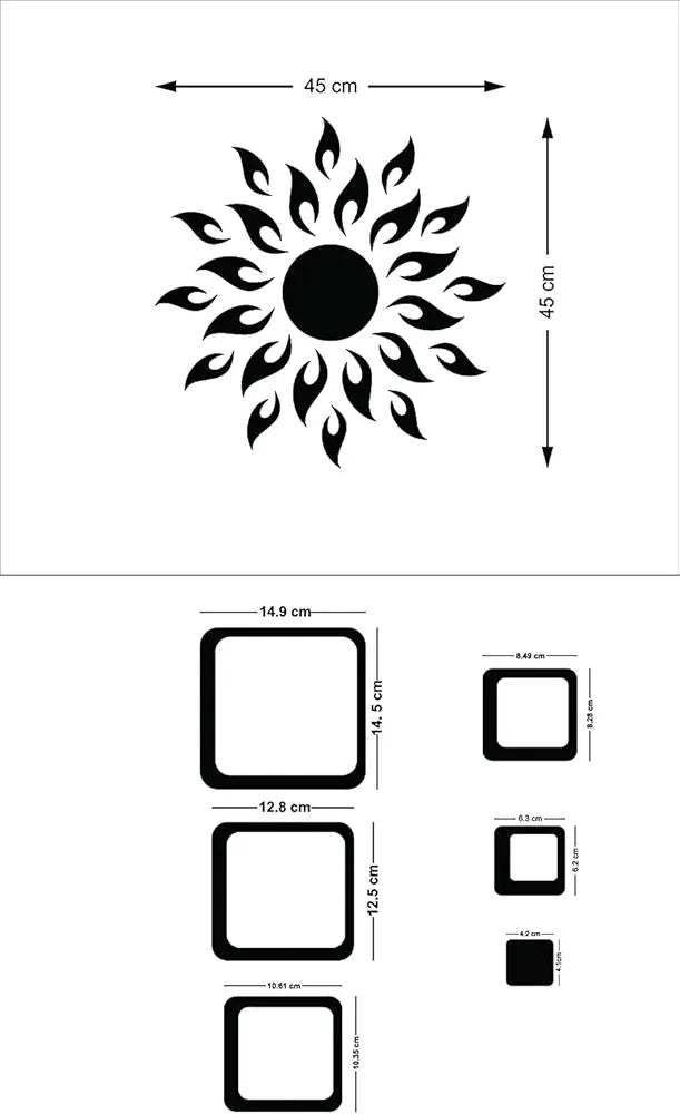 Bikri Kendra Sun Brown with 2set Square Silver Mirror Sticker for Wall 3D Wall Sticker