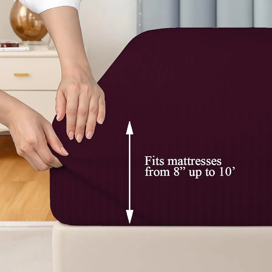 Trance Home Linen 100% Cotton 78x66 inch 200TC Satin Stripe Elastic Fitted Bedsheet Daily Use Double Bed Fitted Bedspread with 2 Pillow Covers Colour Deep Wine
