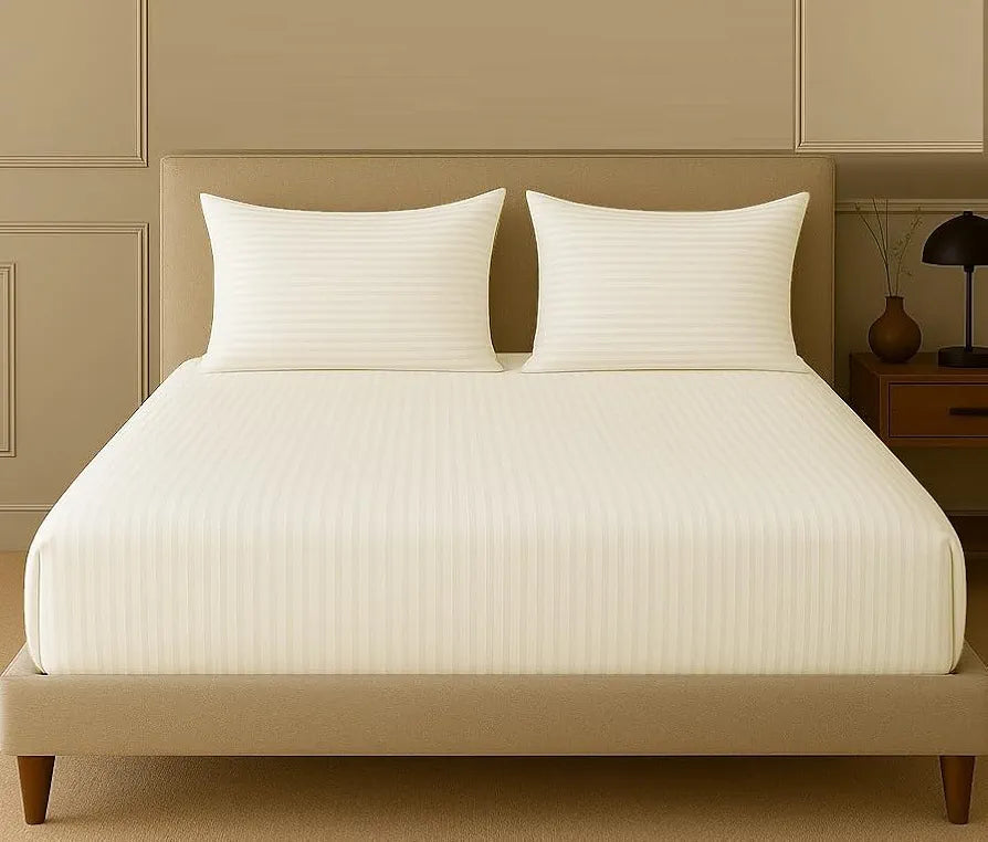 Trance Home Linen 100% Cotton 78x66 inch 200TC Satin Stripe Elastic Fitted Bedsheet Double Bed Fitted Bedspread with 2 Pillow Covers Colour Light Ivory Cream