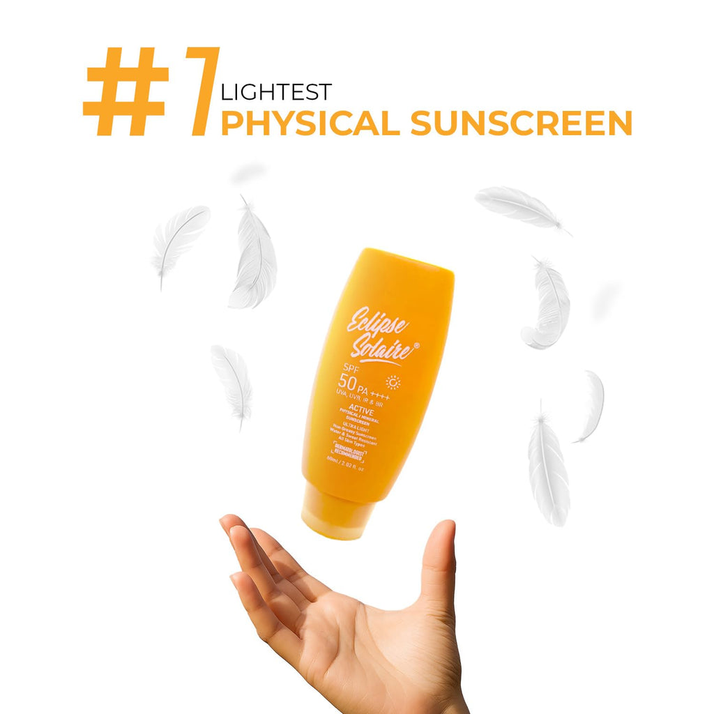 Eclipse Solaire Active Physical / Mineral Sunscreen SPF50 PA++++ | Clinically Tested | No White Cast | Broad Spectrum UVA/UVB & Blue Light Shield | Non-Greasy Sunscreen SPF 50 For All Skin Types â€“ 60ml.