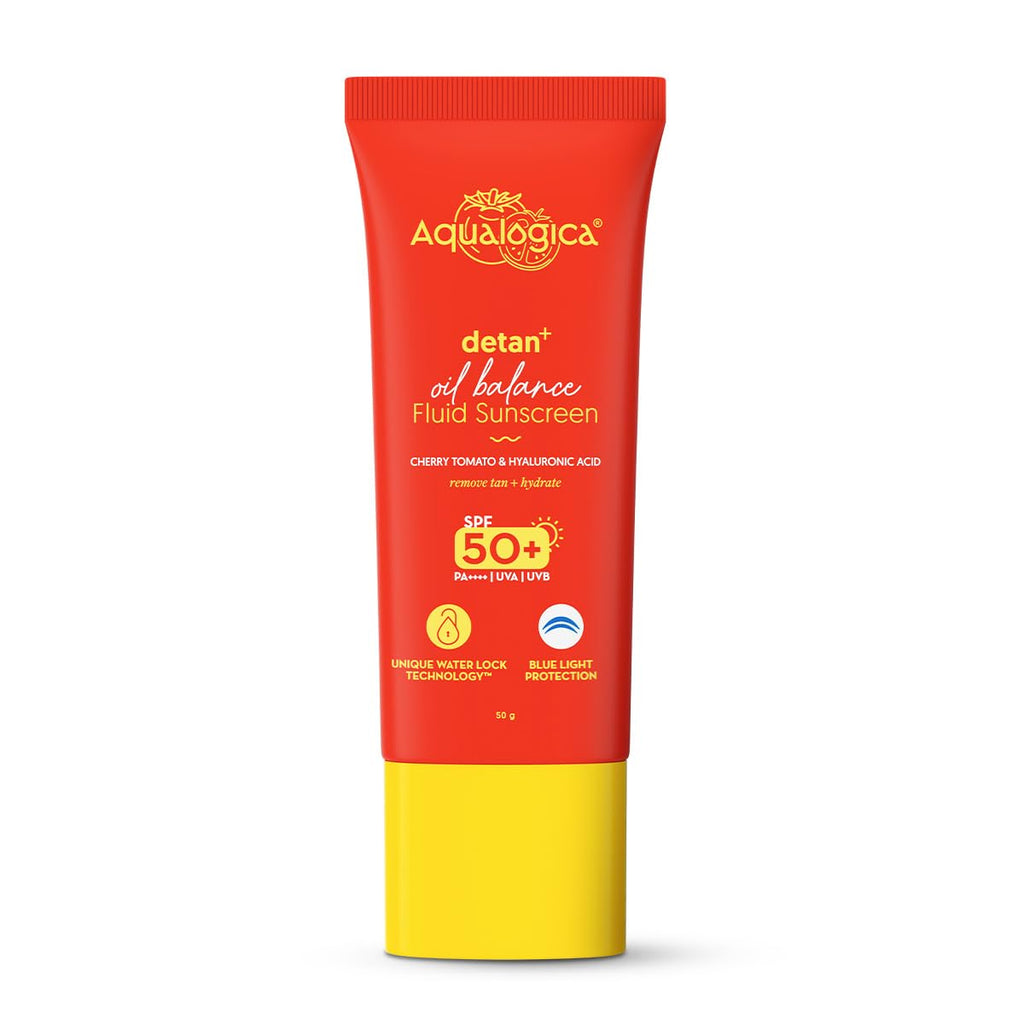 Aqualogica Detan+ Oil Balance Fluid Sunscreen for Oily Skin - 50 g | Water-like Fluid Texture | SPF 50+ PA++++ UVA & UVB Protection | Reduces Tan | Oil Free | Balances Excess oil | Non Greasy | No White Cast | For Men & Women
