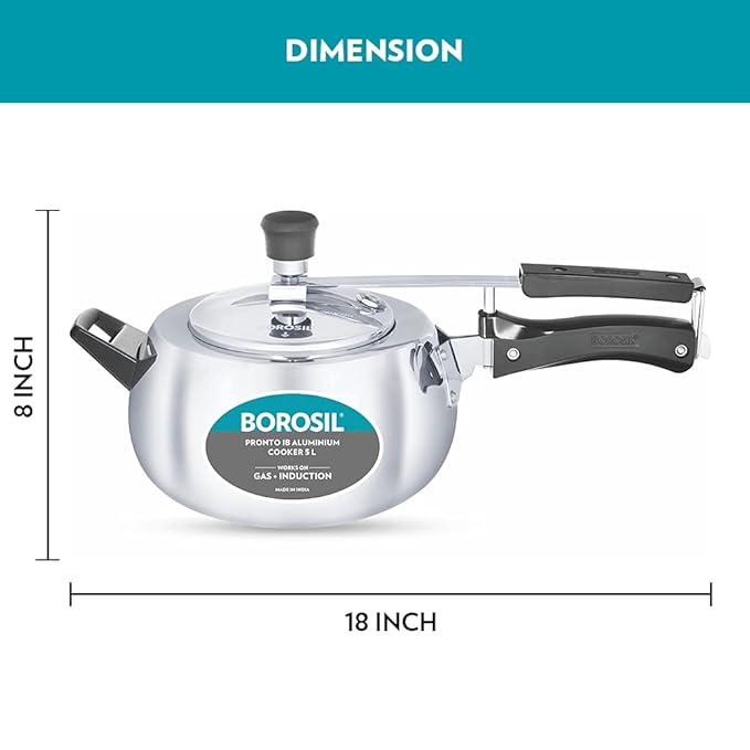 Borosil Pronto Induction Base Inner Lid Aluminium Pressure Cooker | 3.6 Mm Thick Base | 5 Litres | Silver