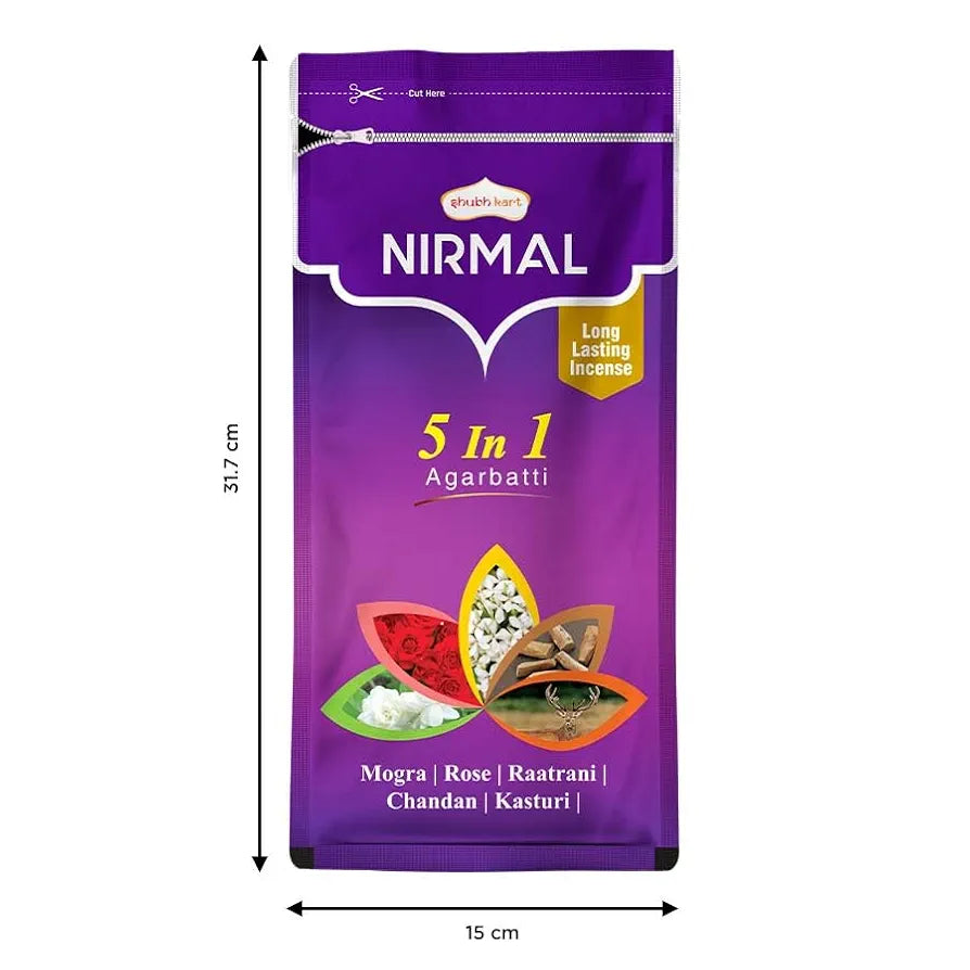 Shubhkart Nirmal 5 in 1 Agarbatti Pack 150g Long Incense Sticks Charcoal Free Natural Fragrance Zipper Pack