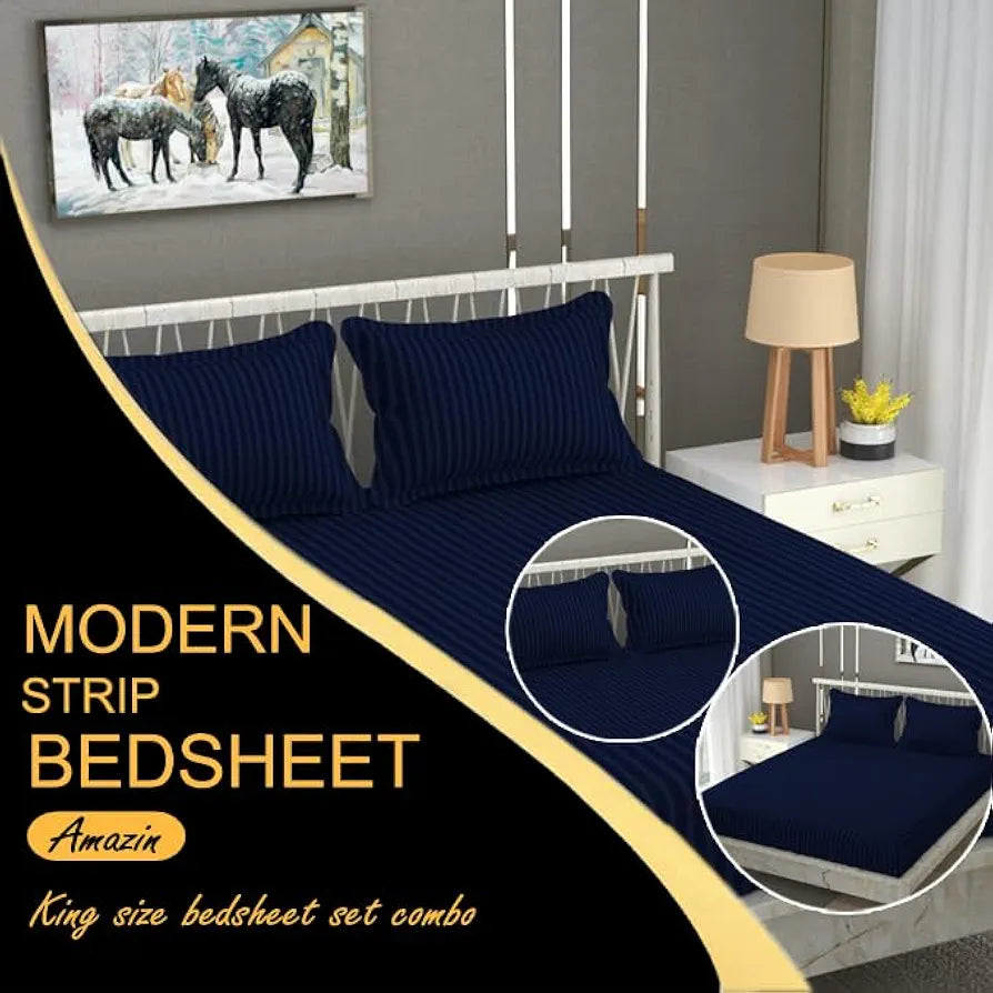 Fresh From Loom Queen Size Flat Bedsheets Hotel & Home Double Bedsheet Set with 2 Pillow Covers Navy Blue