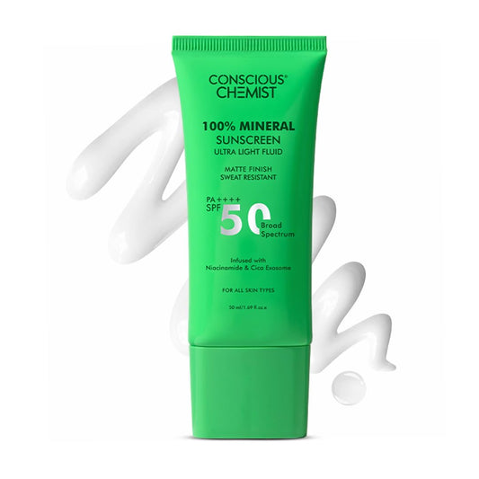 Conscious Chemist 100% Mineral Sunscreen SPF 50 PA++++ | Zinc Oxide & Niacinamide | Matte Finish | No White Cast | Oily & Sensitive Skin | 50ml