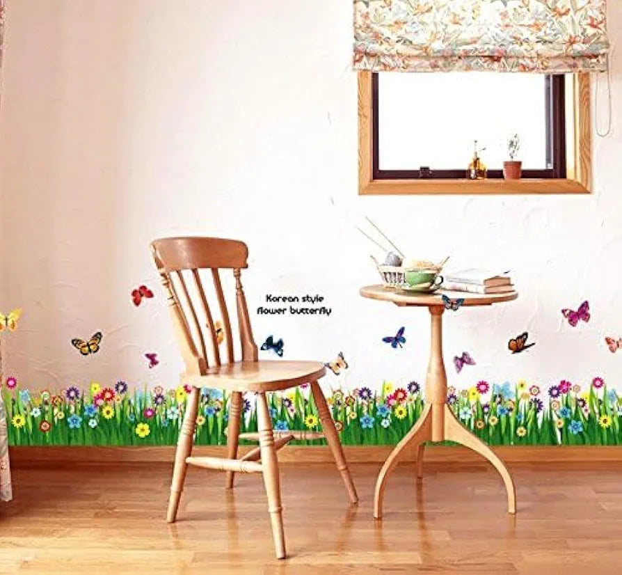 Rangoli Walking in The Garden Flower Wall Sticker New Modern Art Butterflies Flying Over Grass Large Reusable Self-Adhesive Sticker