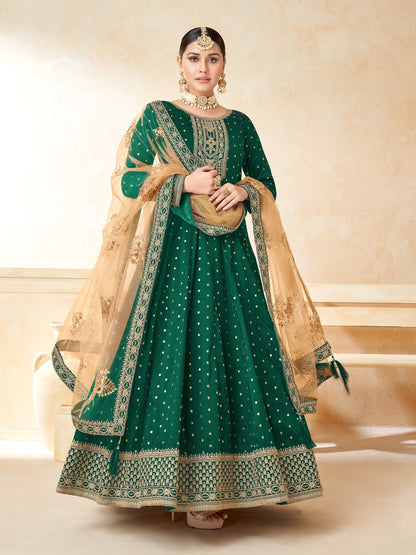 Anaita Green Embroidered Tapeta Silk Anarkali Suit