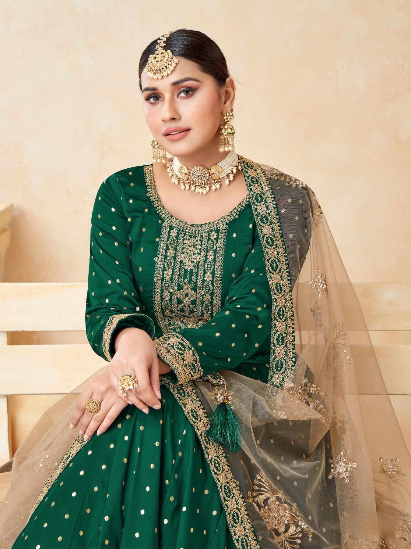 Anaita Green Embroidered Tapeta Silk Anarkali Suit