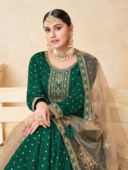 Anaita Green Embroidered Tapeta Silk Anarkali Suit