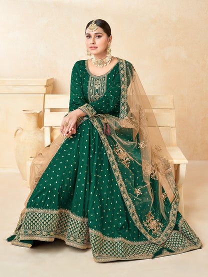 Anaita Green Embroidered Tapeta Silk Anarkali Suit