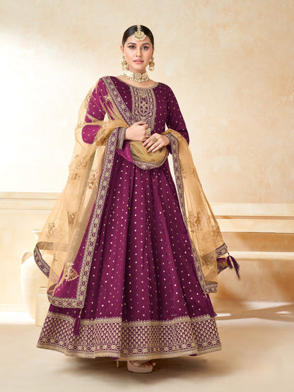 Anaita Purple Embroidered Tapeta Silk Anarkali Suit