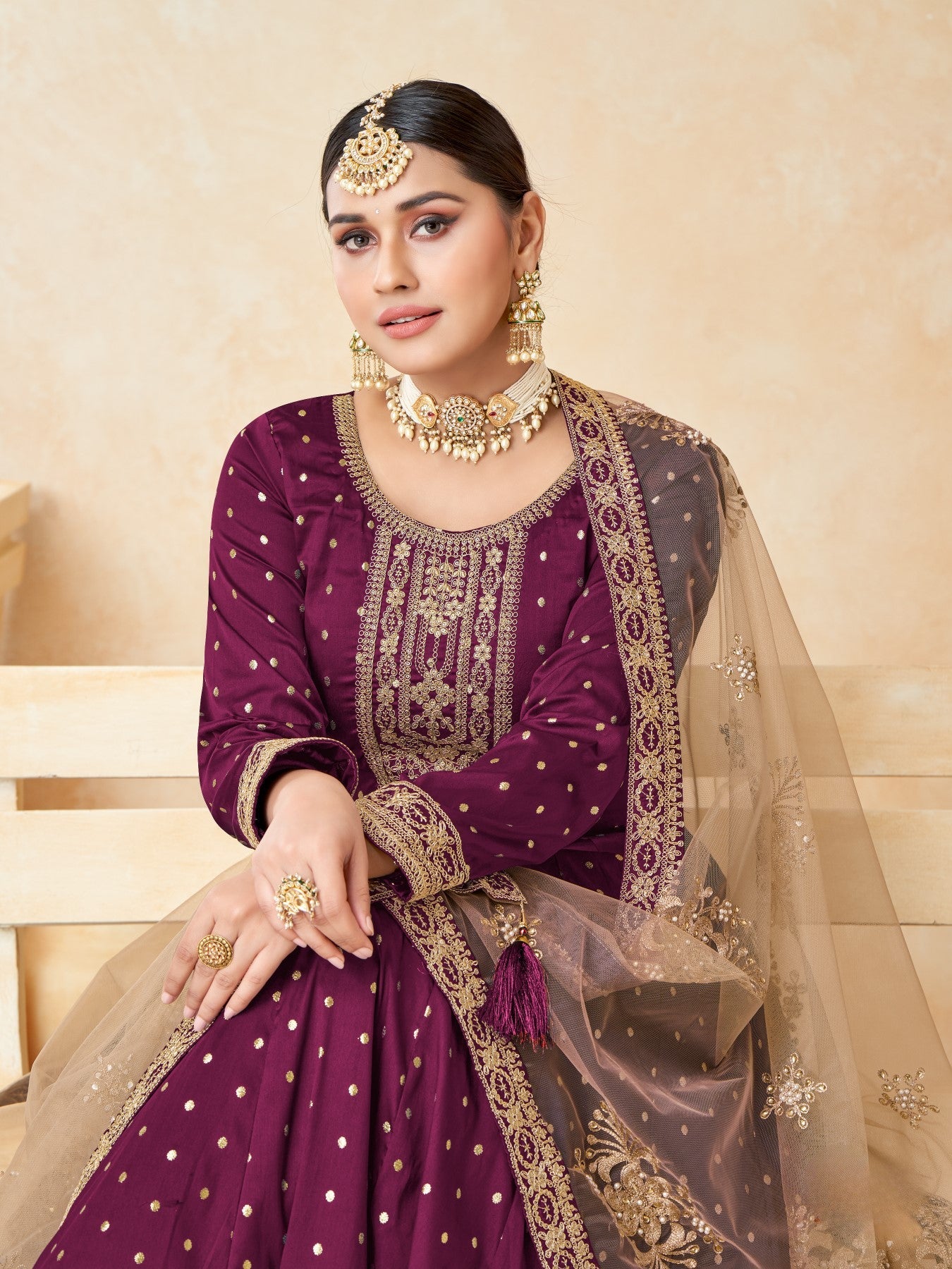 Anaita Purple Embroidered Tapeta Silk Anarkali Suit