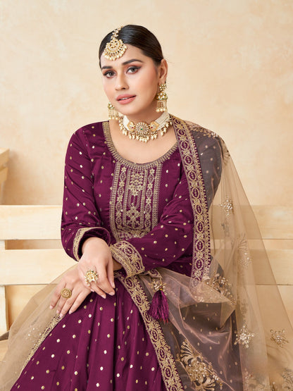 Anaita Purple Embroidered Tapeta Silk Anarkali Suit