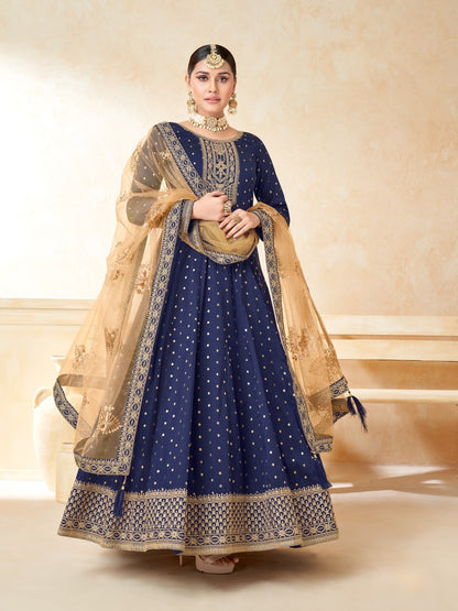 Anaita Navy Blue Embroidered Tapeta Silk Anarkali Suit