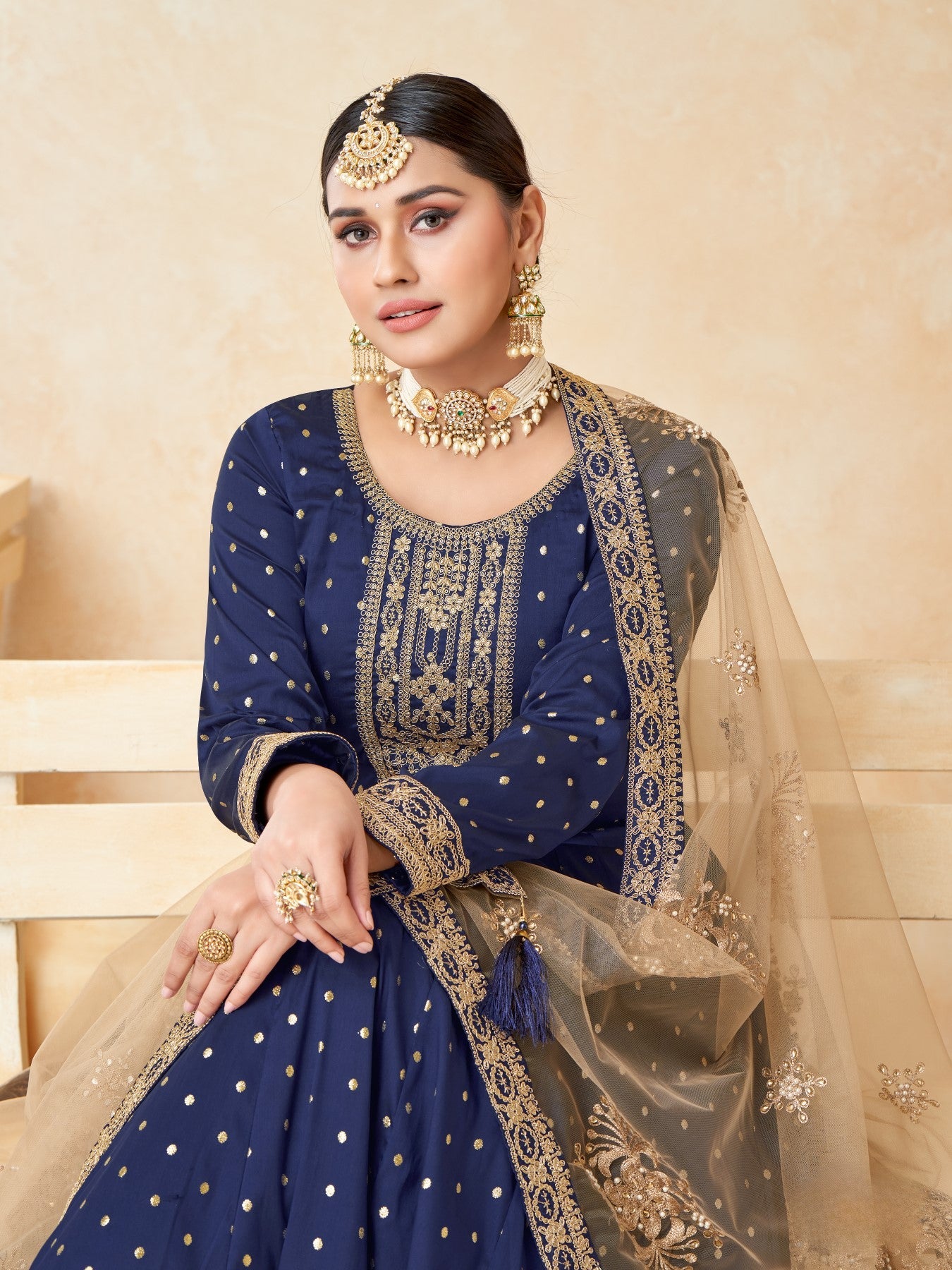 Anaita Navy Blue Embroidered Tapeta Silk Anarkali Suit