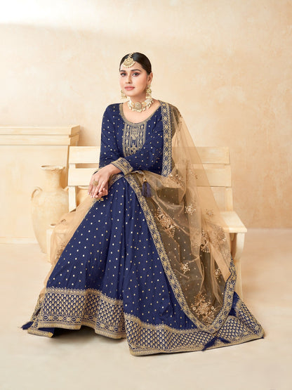 Anaita Navy Blue Embroidered Tapeta Silk Anarkali Suit