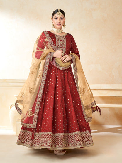 Anaita Maroon Embroidered Tapeta Silk Anarkali Suit
