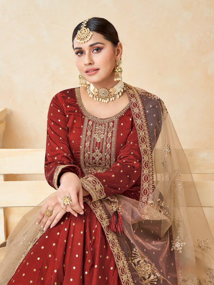 Anaita Maroon Embroidered Tapeta Silk Anarkali Suit