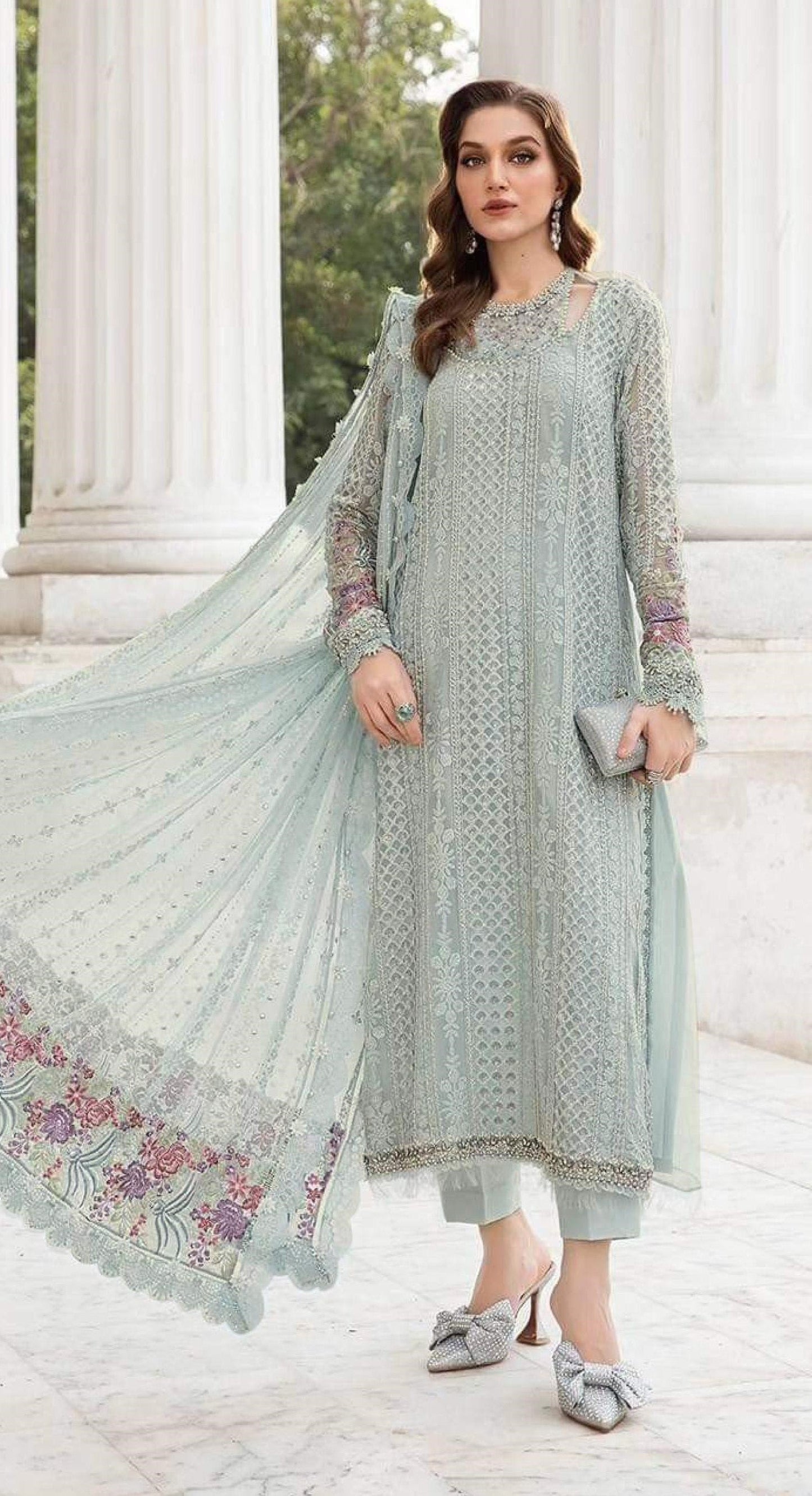 Anaita Sea-Green Fox Georgette Suit With Embroidered Sequence Work