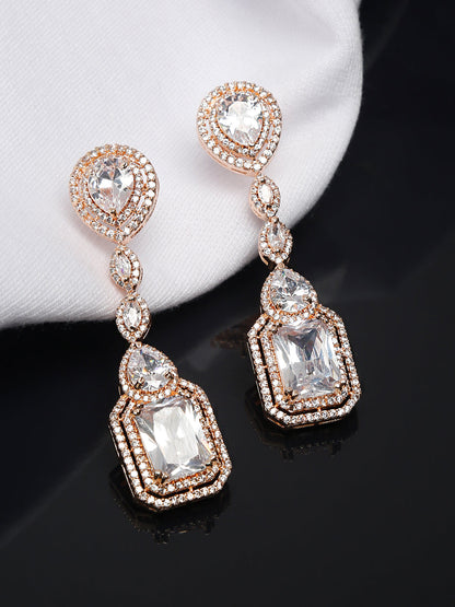 Yellow Chimes Rhodium-Plated Rose-Gold White AD-Studded Drop Earrings