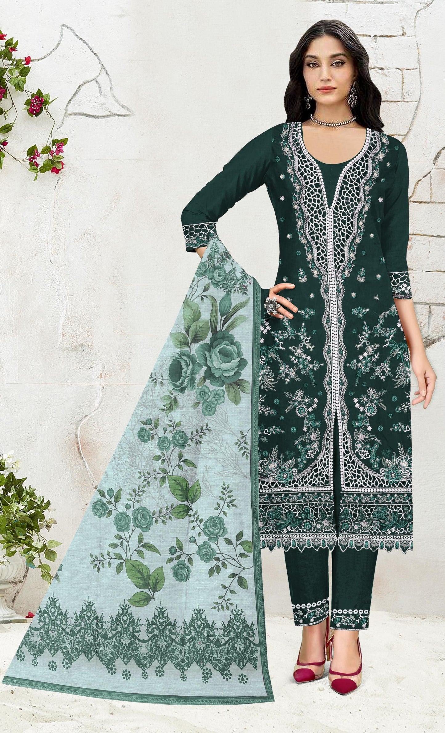 Anaita D Green Slub Cotton Suit with Embroidered Multi Work