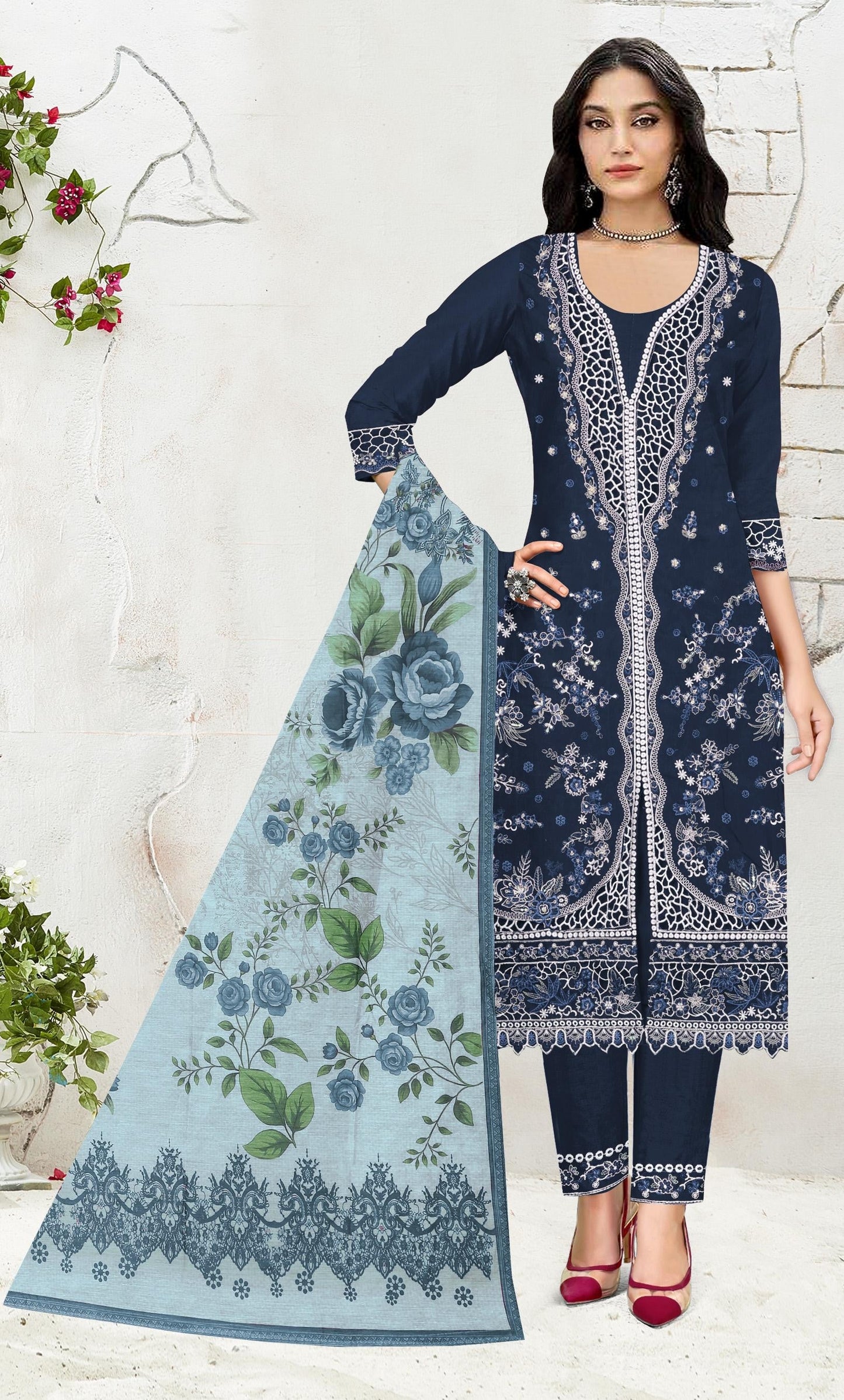 Anaita Navy Slub Cotton Suit with Embroidered Multi Work
