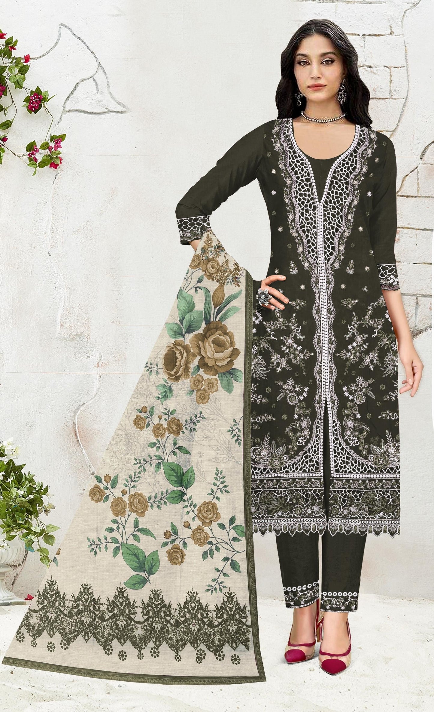 Anaita Mehndi Slub Cotton Suit with Embroidered Multi Work