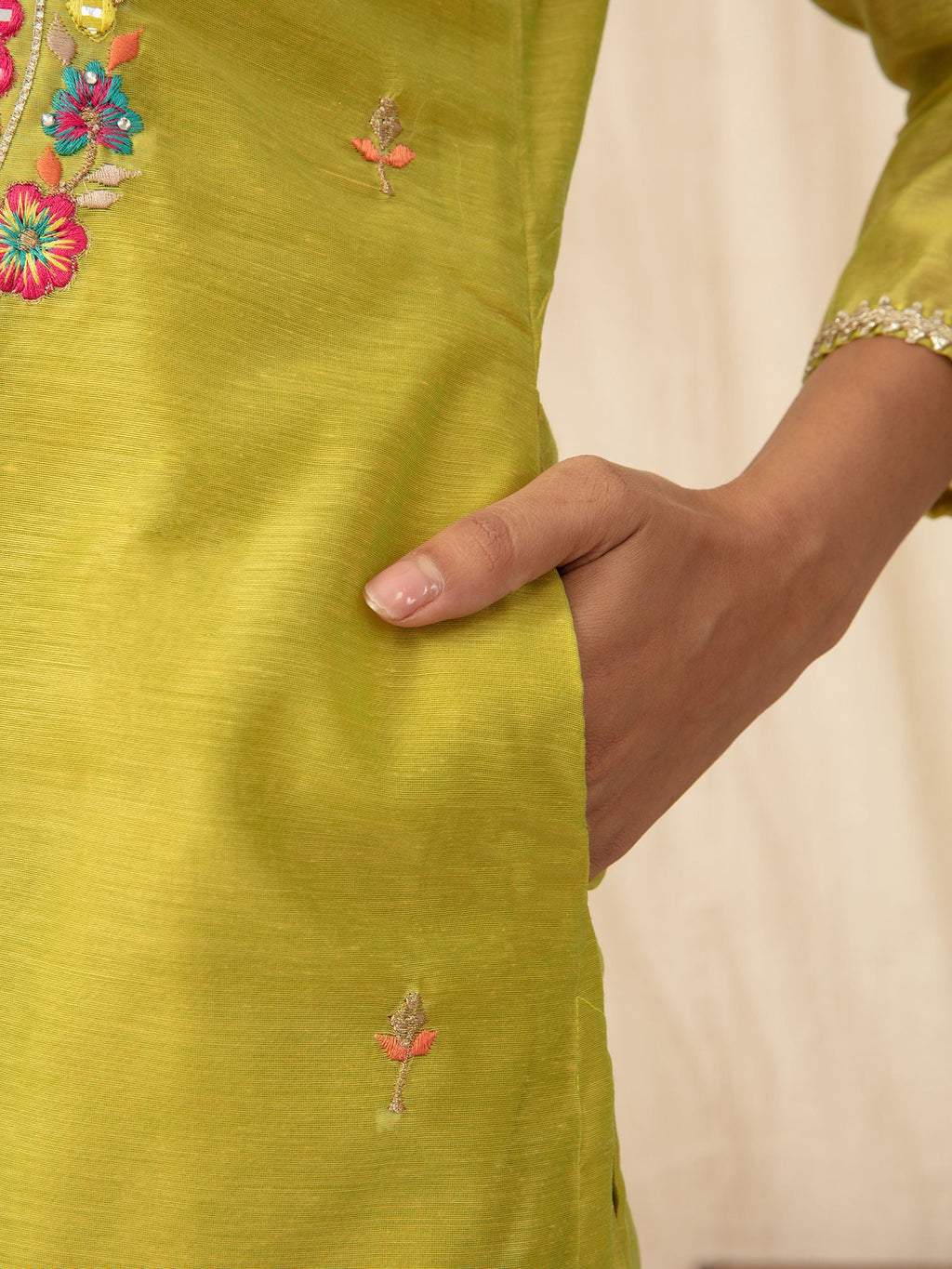 Likha Lime Embroidered Neck Kurta Pant Set with Printed Dupatta LIKSKD81 (Set of 3)