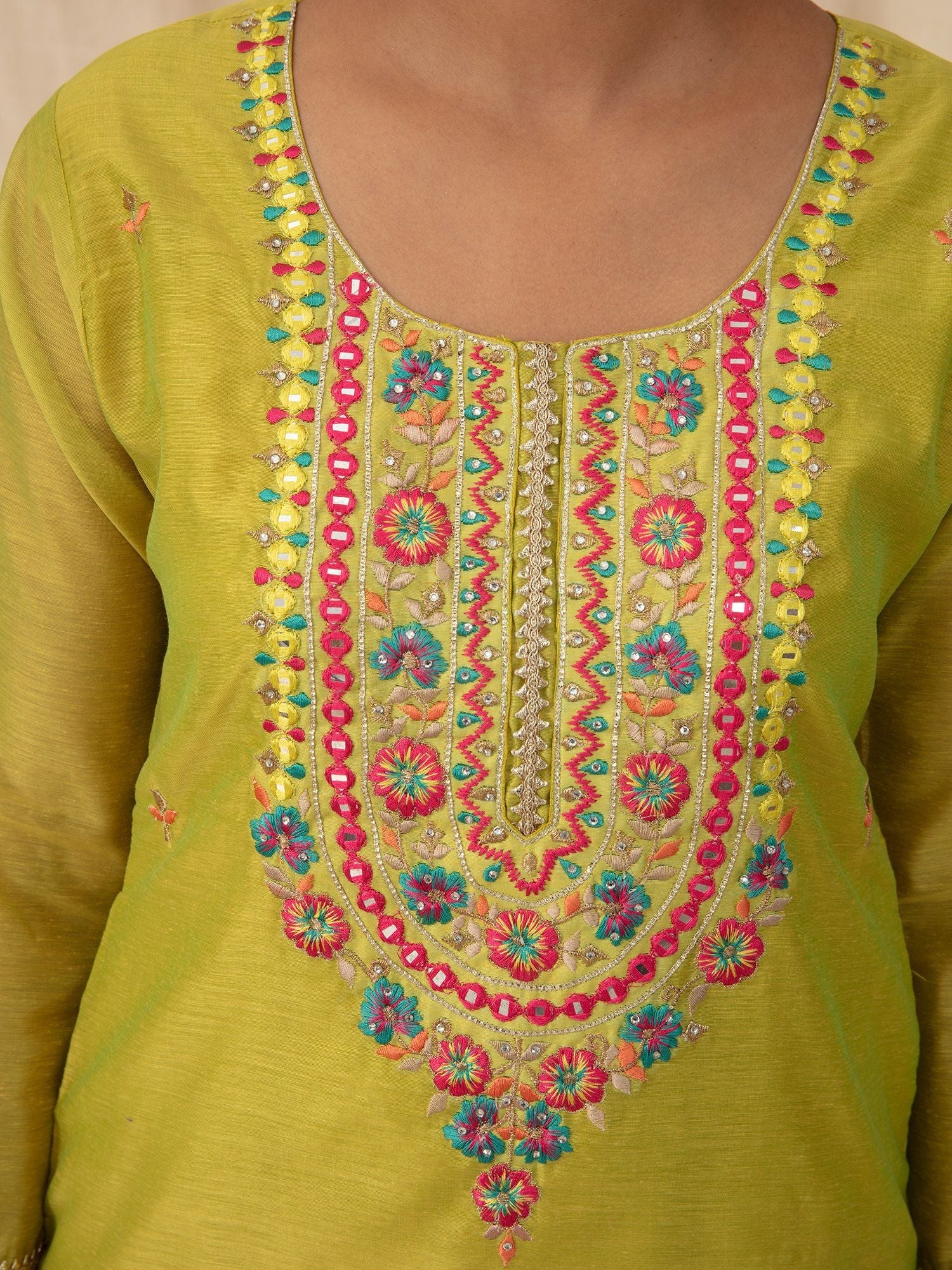Likha Lime Embroidered Neck Kurta Pant Set with Printed Dupatta LIKSKD81 (Set of 3)