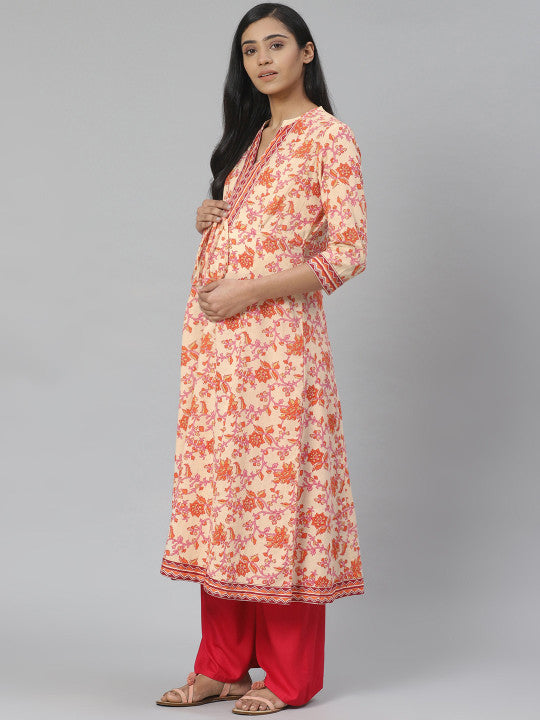 Anayna Women Cream-Coloured & Orange Printed Feeding Maternity A-Line Kurta