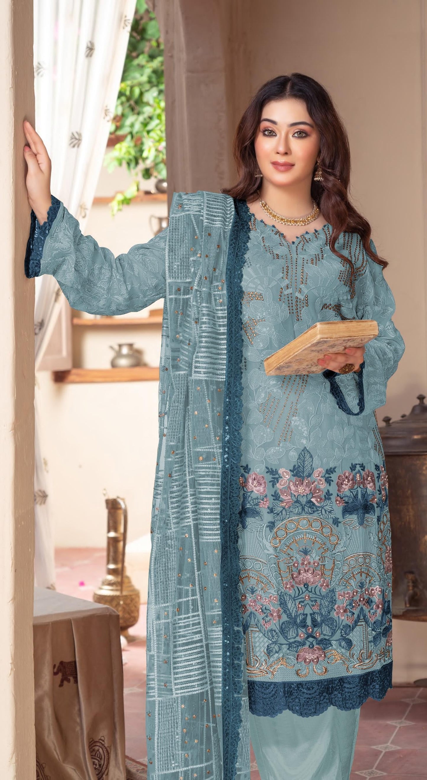 Anaita Blue Chiffon Suit with Embroidery & Sequence Work