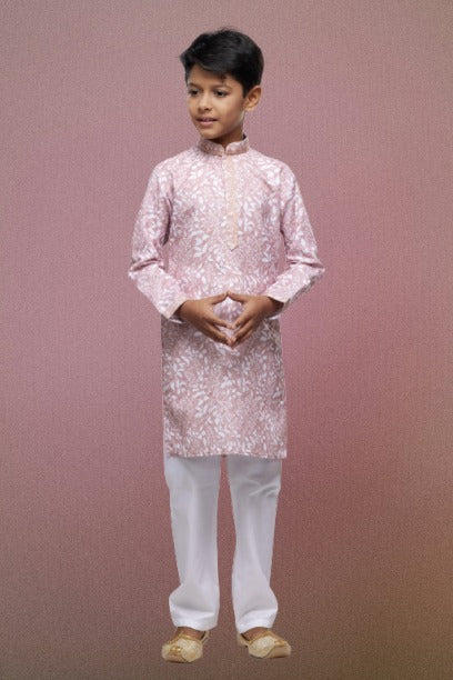 Raivat Ethnic Cotton Thread Work Kids Kurta Pajama In Pink Colour