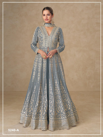 Anaita Grey Chinon Stitched Anarkali Suits With Embroidery & Sequence Work