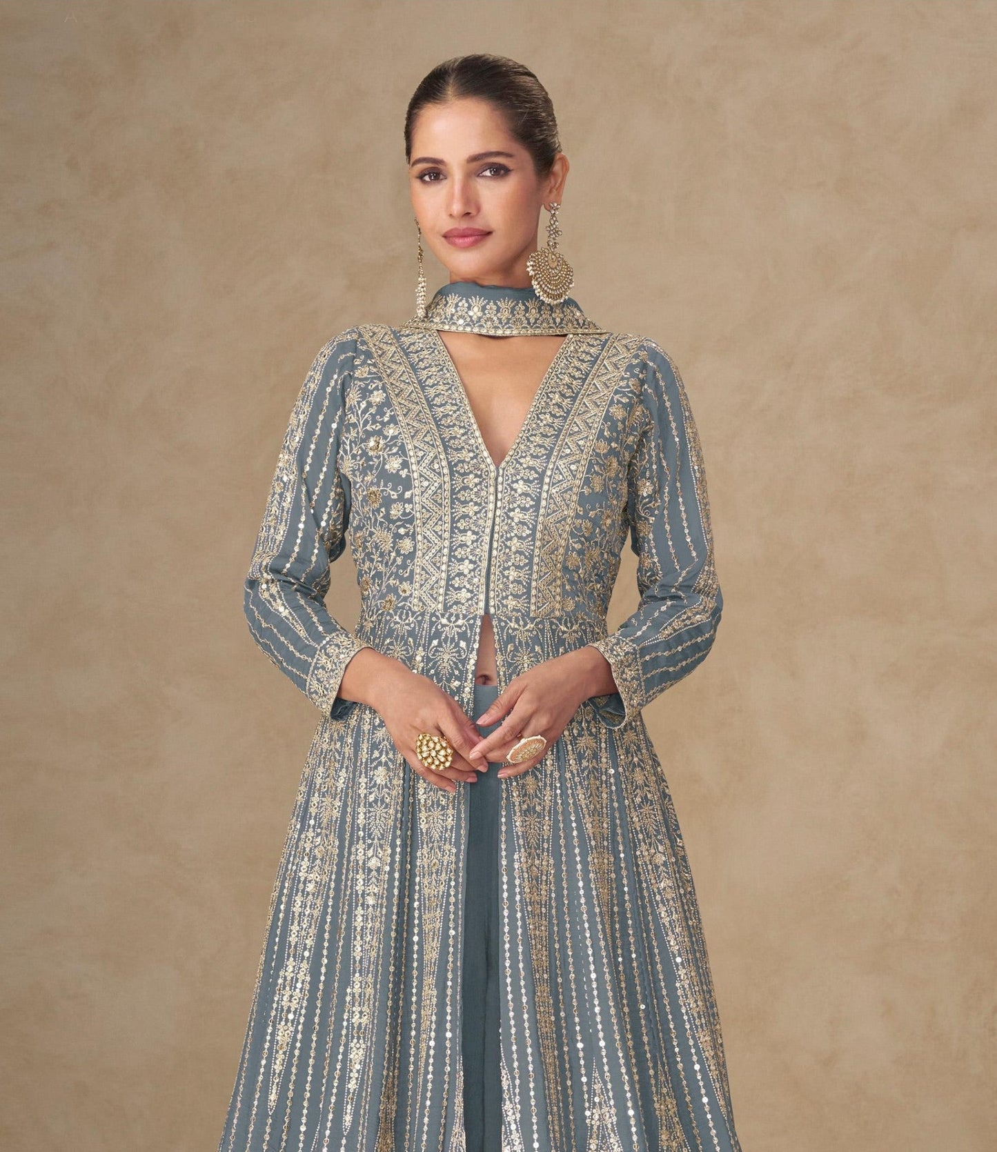 Anaita Grey Chinon Stitched Anarkali Suits With Embroidery & Sequence Work