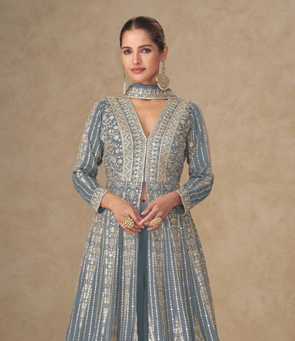 Anaita Grey Chinon Stitched Anarkali Suits With Embroidery & Sequence Work
