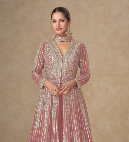 Anaita Peach Chinon Stitched Anarkali Suits With Embroidery & Sequence Work