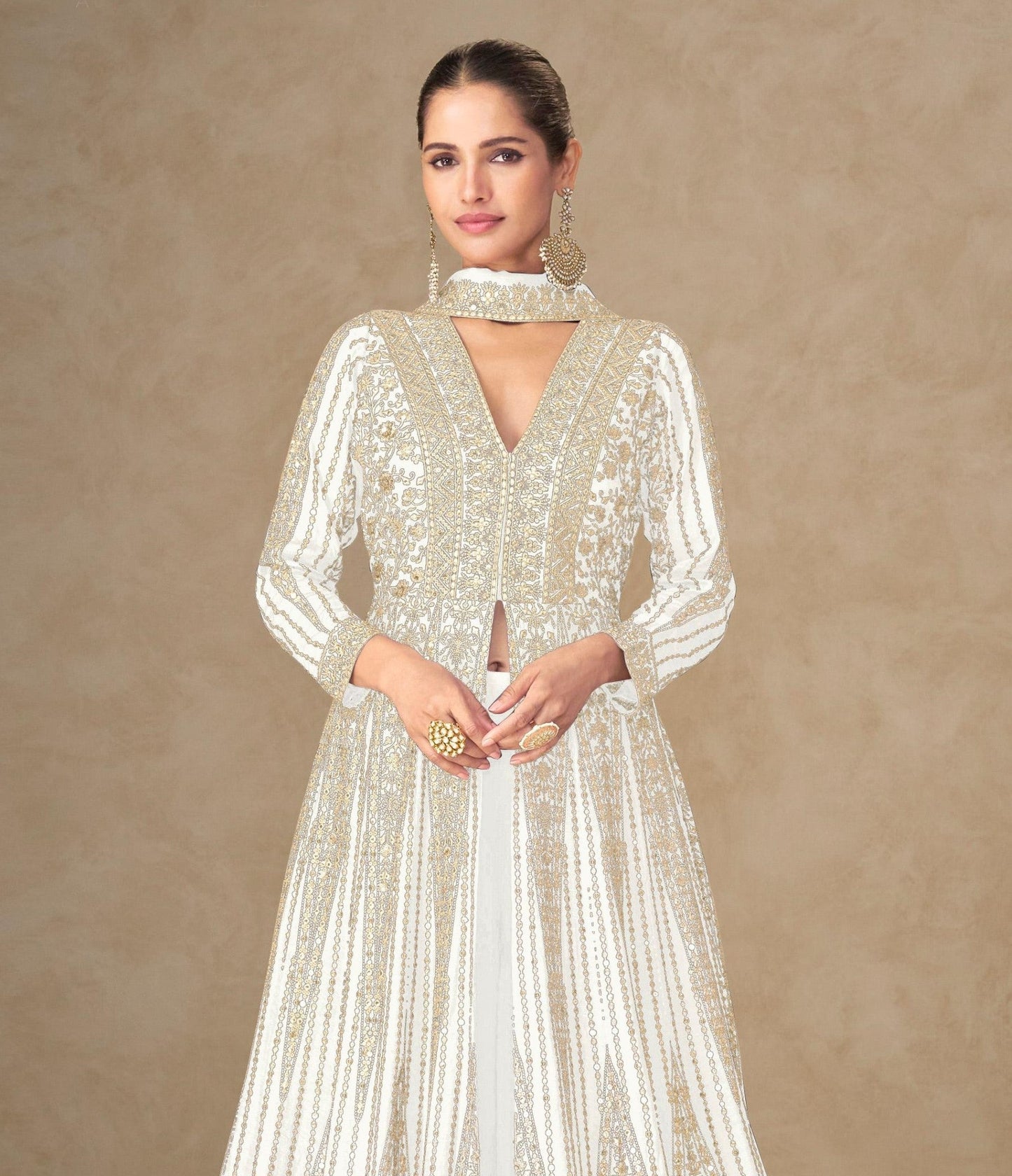 Anaita White Chinon Stitched Anarkali Suits With Embroidery & Sequence Work