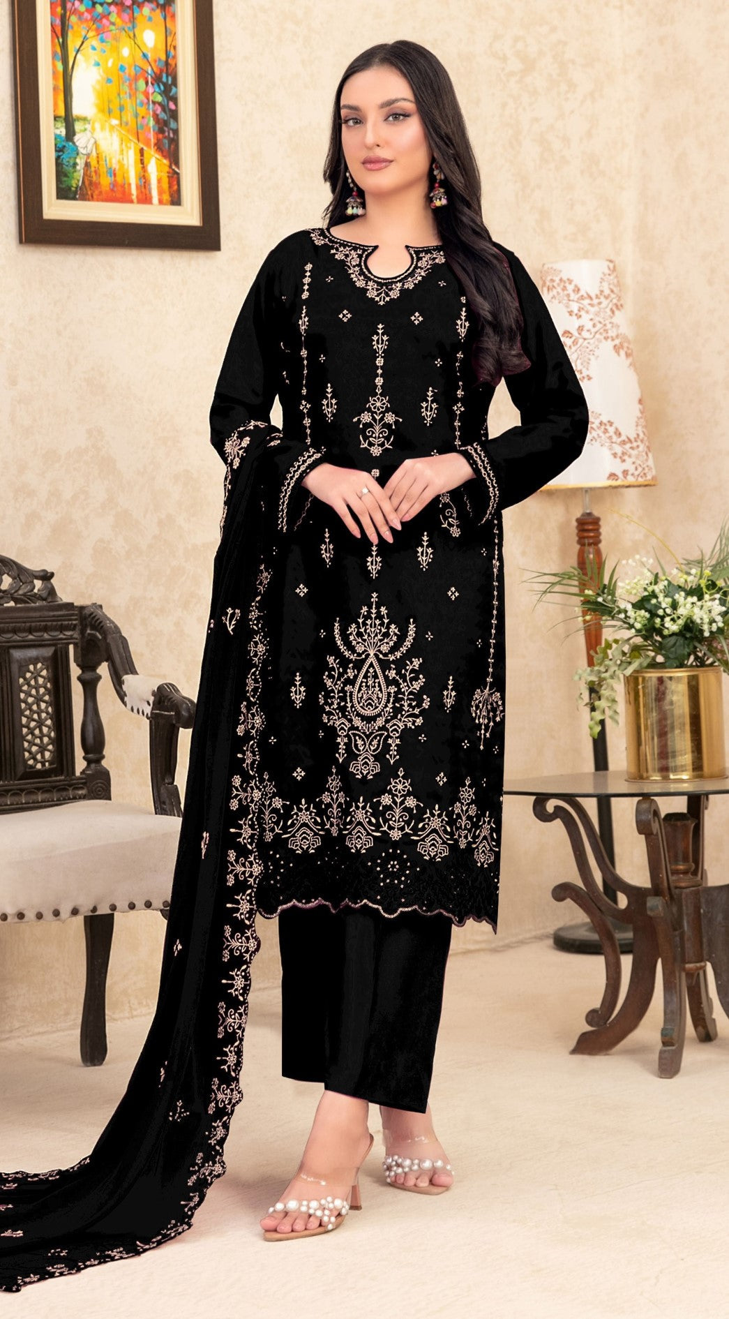 Anaita Black Velvet Suit With Embroidery Sequence Work