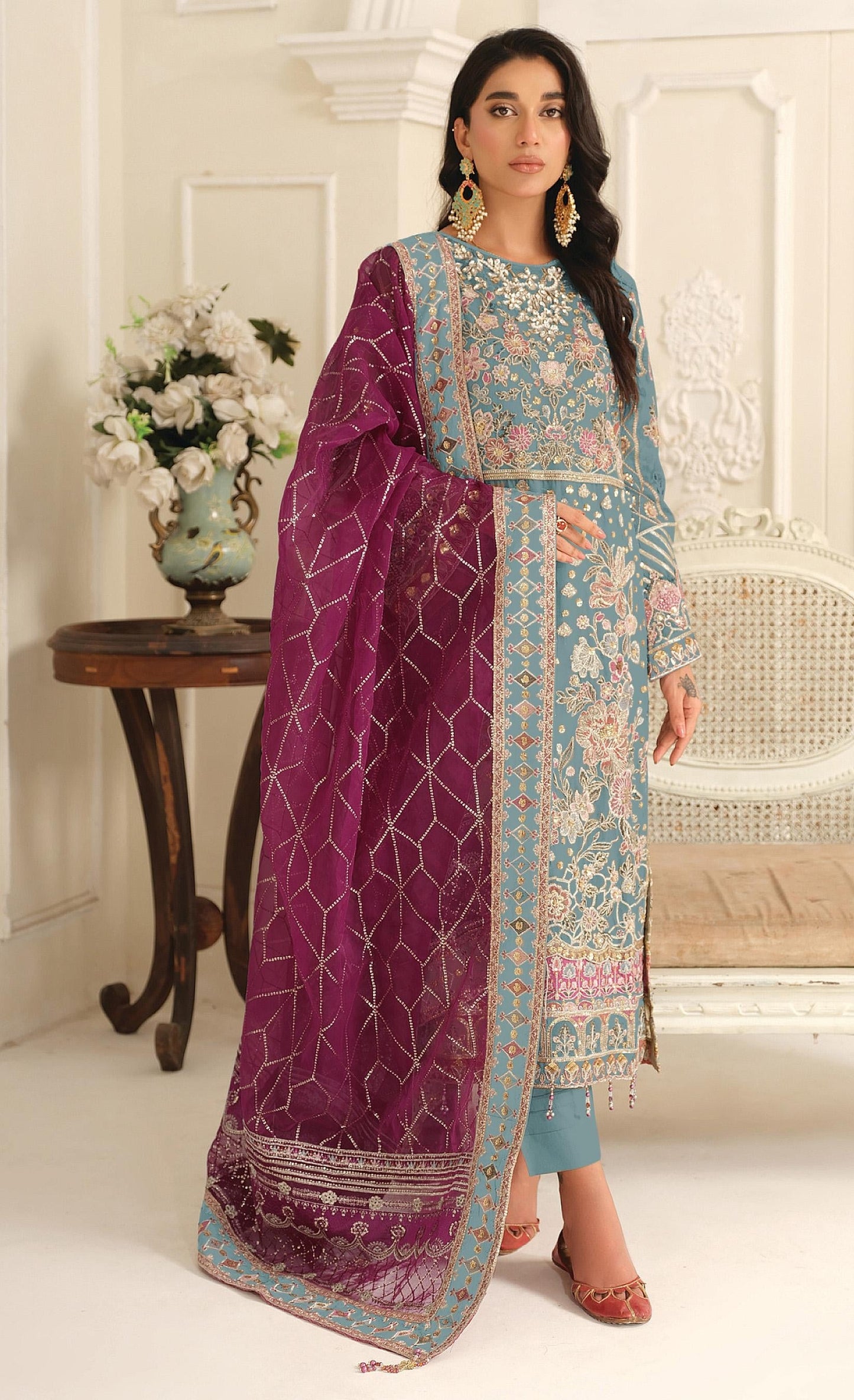 Anaita Blue Chiffon Suit with Embroidery & Sequence Work