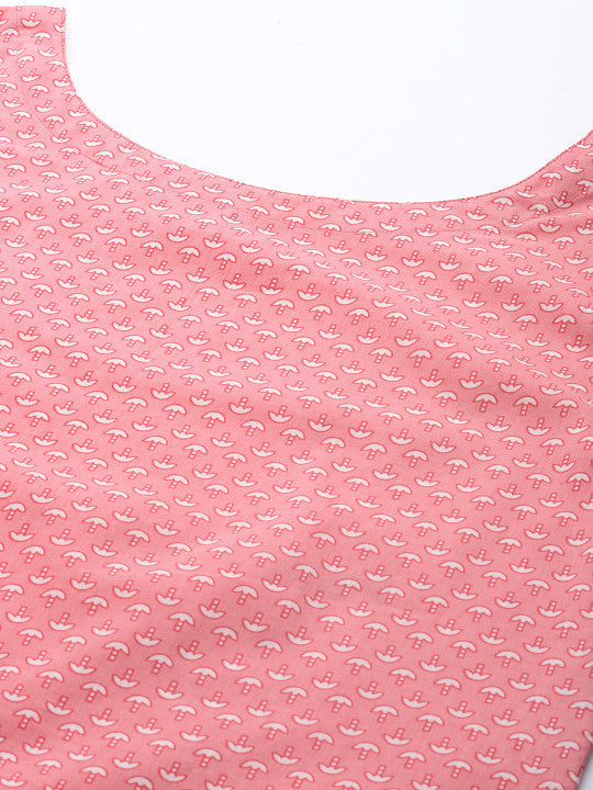Anayna Women Pink & White Pure Cotton Floral Printed Kurta