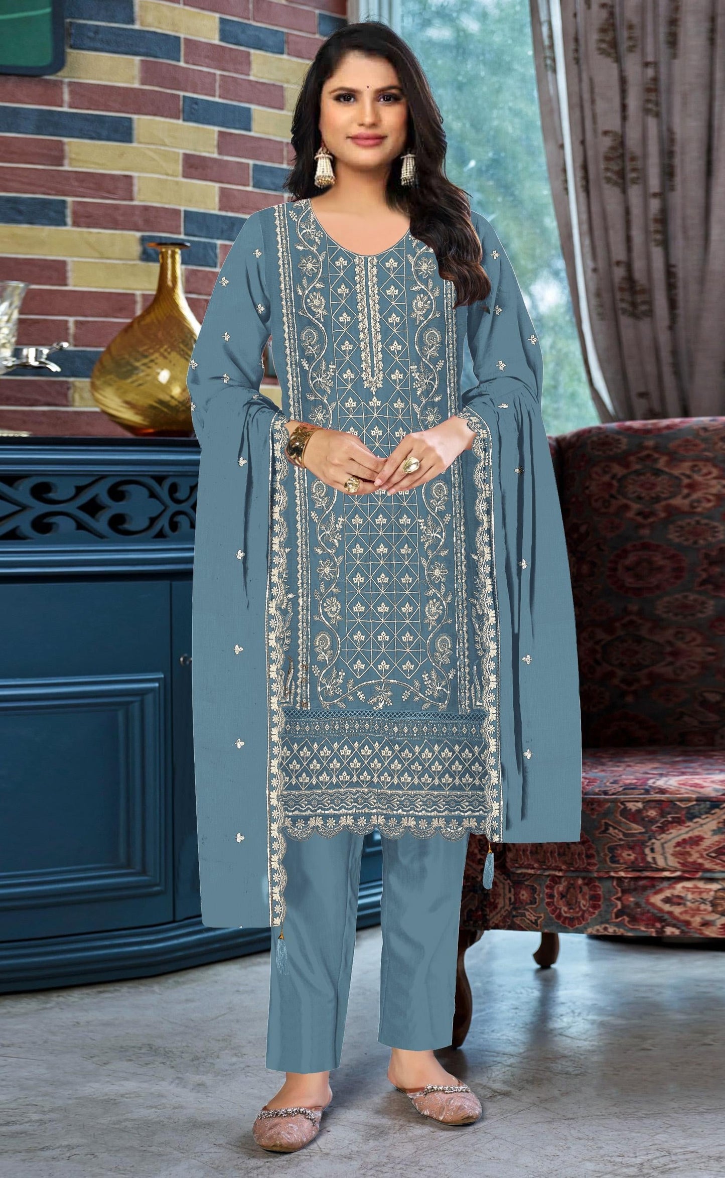 Anaita Blue Chiffon Suit with Embroidered & Sequence Work