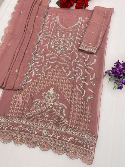 Anaita Pink Chiffon Semi Stitched Suit with Embroidery & Sequence Work
