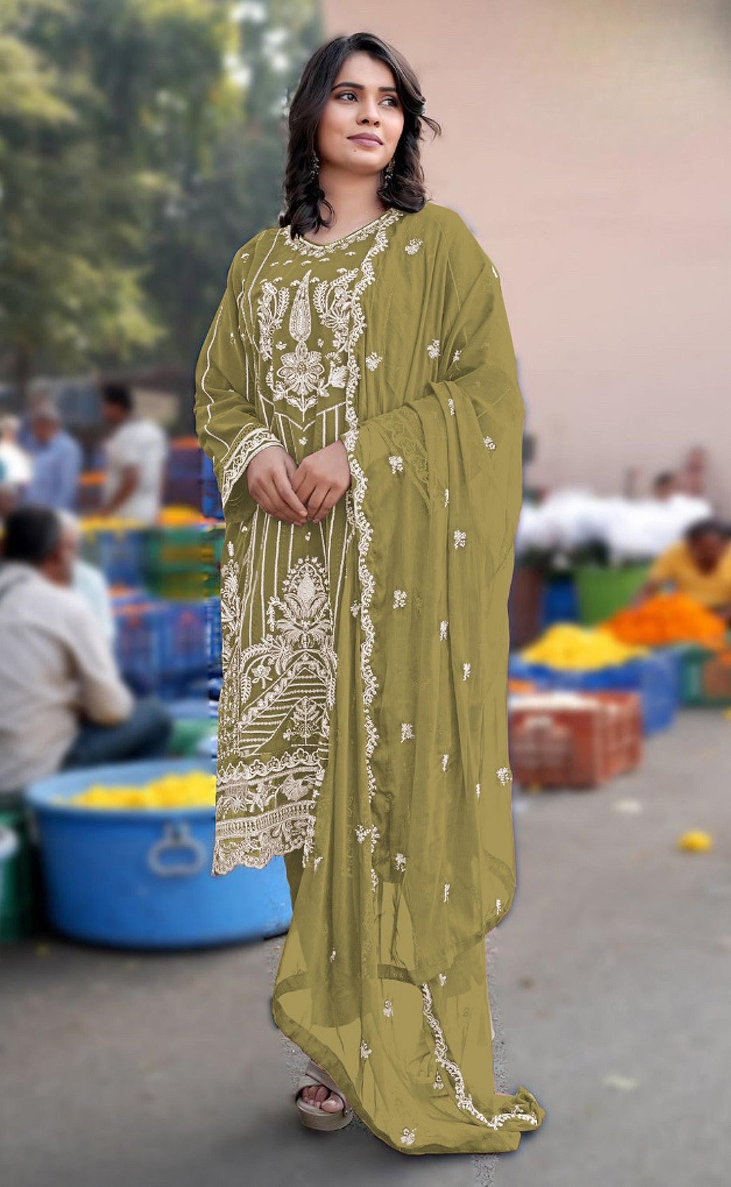 Anaita Mustard Chiffon Semi Stitched Suit with Embroidery & Sequence Work
