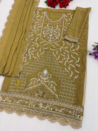 Anaita Mustard Chiffon Semi Stitched Suit with Embroidery & Sequence Work