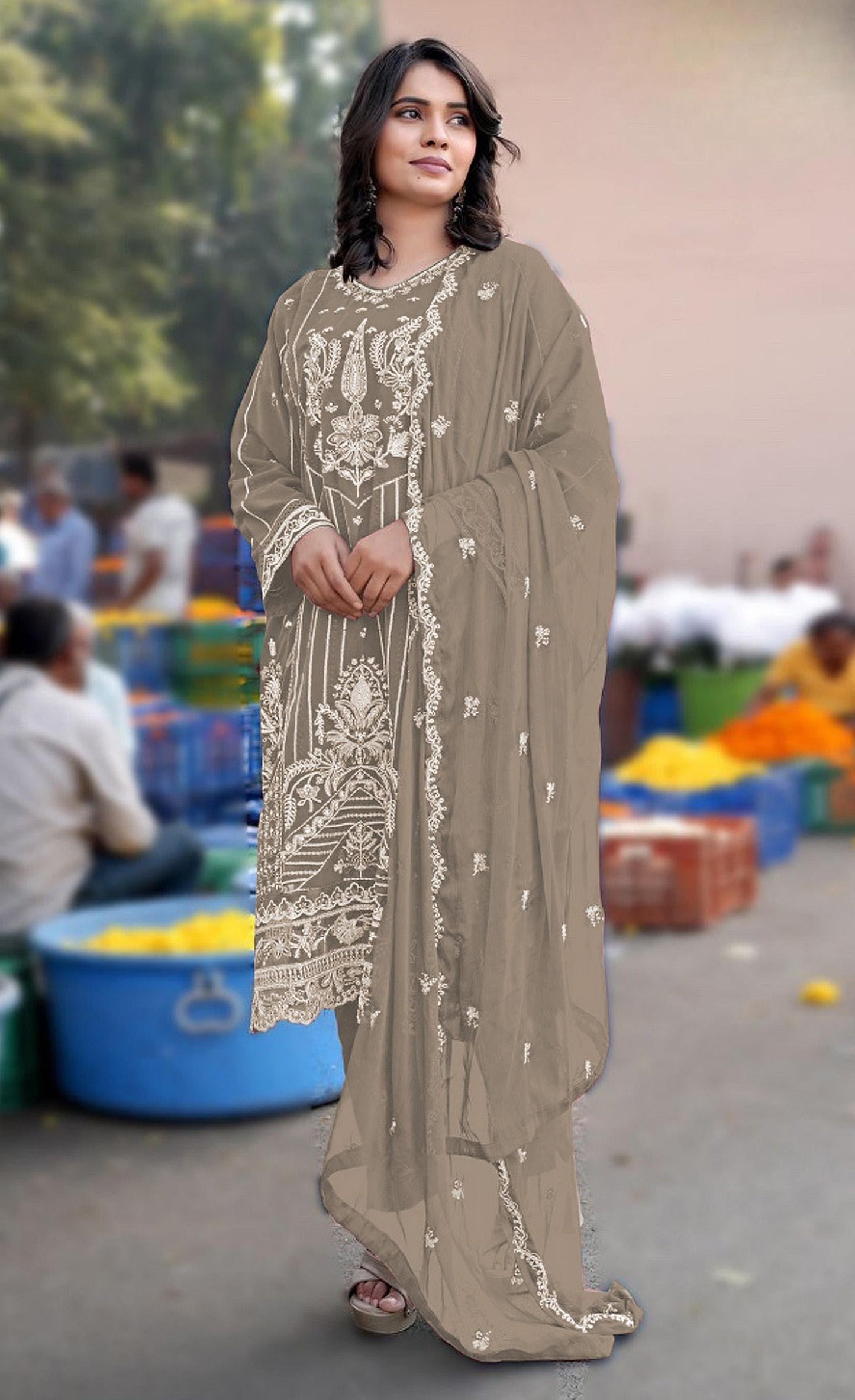 Anaita Grey Chiffon Semi Stitched Suit with Embroidery & Sequence Work