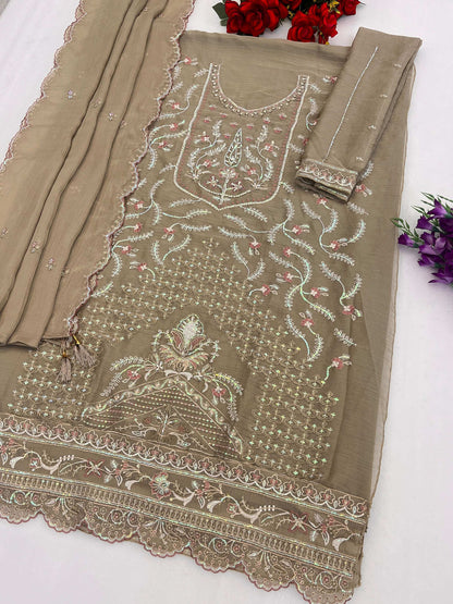 Anaita Grey Chiffon Semi Stitched Suit with Embroidery & Sequence Work