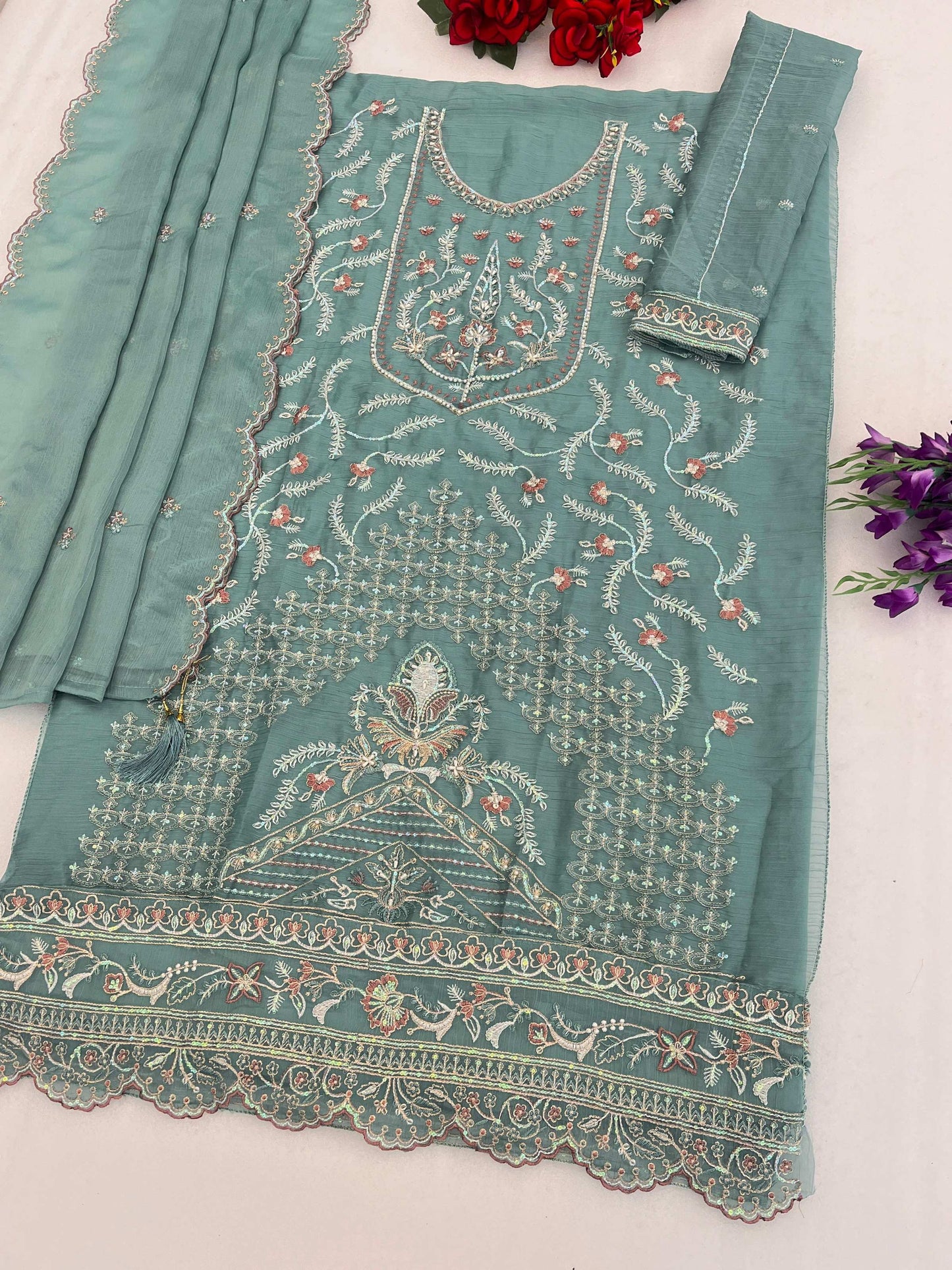 Anaita Turquoise Chiffon Semi Stitched Suit with Embroidery & Sequence Work