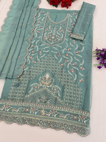 Anaita Turquoise Chiffon Semi Stitched Suit with Embroidery & Sequence Work